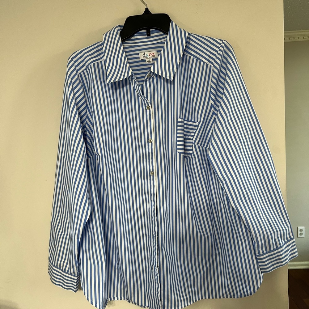 Denim & Co. Blue White Striped Button Down Shirt Plus Size 1X - Preppy